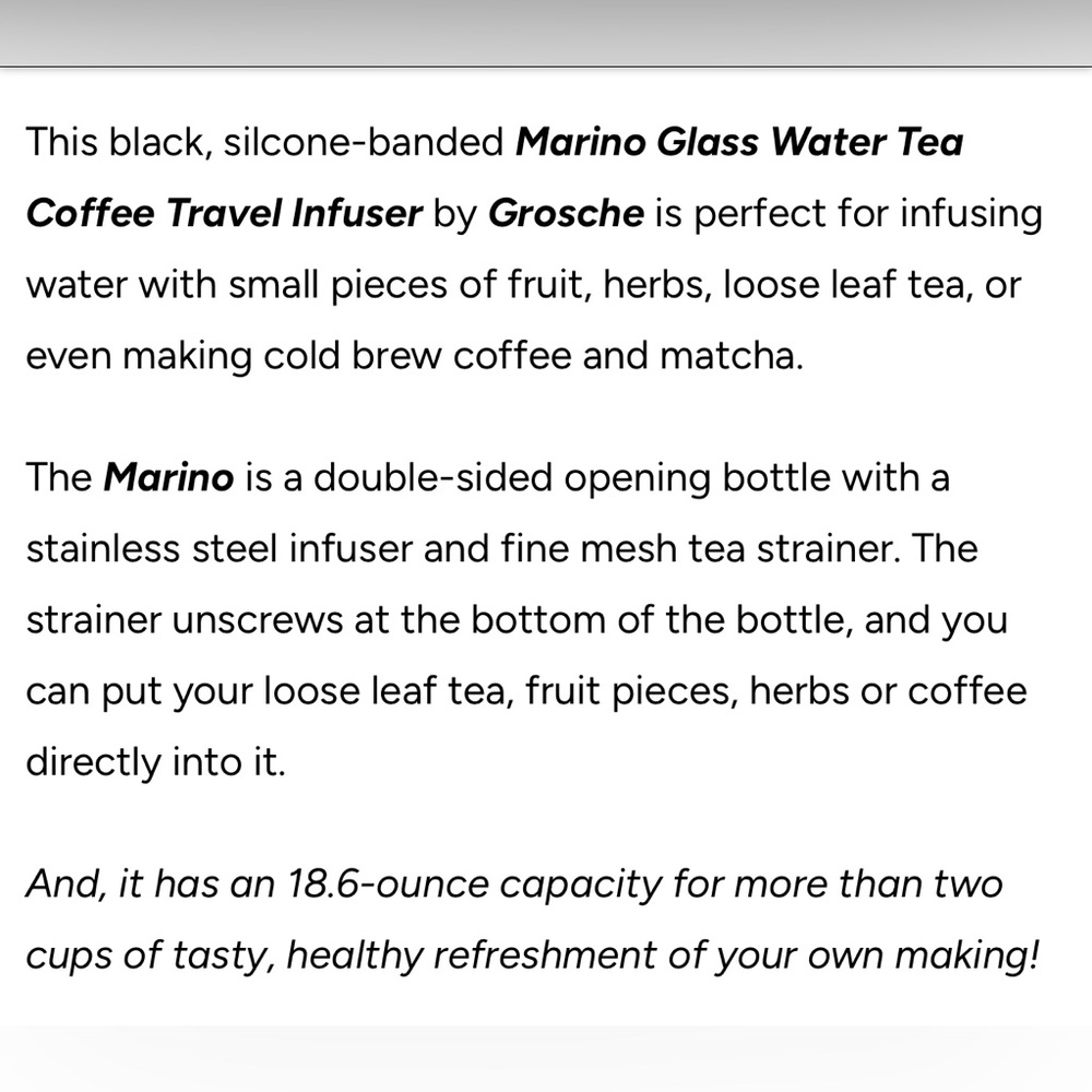 GROSCHE MARINO GLASS WATER TEA COFFEE TRAVEL INFUSER — BLACK — 18.6 OZ - Picture 7 of 13